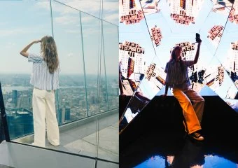 Split-image: left side shows a woman in a striped shirt looking out through glass walls at a cityscape; right side shows a person taking a selfie among a mirrored geometric installation.