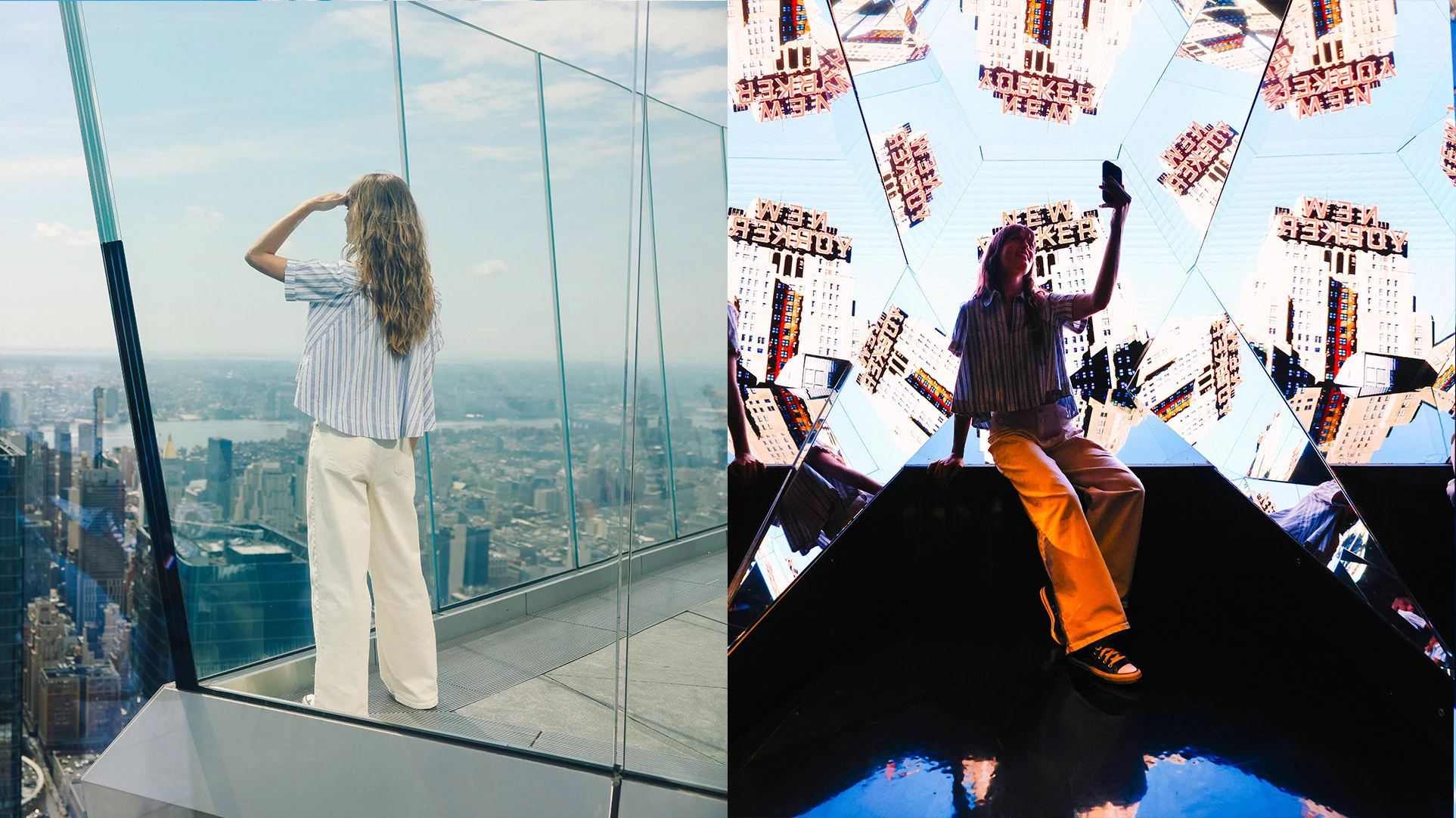 Deck x Kroom - Edge NYC - Edge NYC Split-image: left side shows a woman in a striped shirt looking out through glass walls at a cityscape; right side shows a person taking a selfie among a mirrored geometric installation.