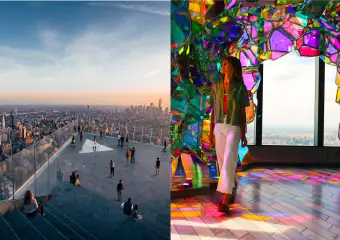 City skyline view from an elevated observation deck at sunset, with glass barriers and scattered visitors, paired with a colorful mirrored interior sculpture where a woman stands nearby.