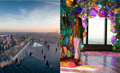 Edge NYC Sky Deck and Art Installation - Edge NYC - Edge NYC City skyline view from an elevated observation deck at sunset, with glass barriers and scattered visitors, paired with a colorful mirrored interior sculpture where a woman stands nearby.