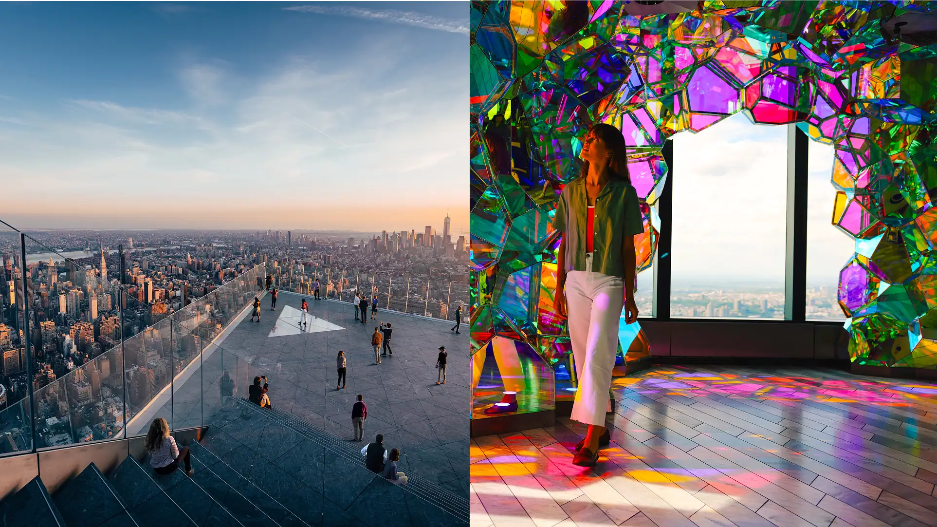 Edge NYC Sky Deck and Art Installation - Edge NYC - Edge NYC City skyline view from an elevated observation deck at sunset, with glass barriers and scattered visitors, paired with a colorful mirrored interior sculpture where a woman stands nearby.