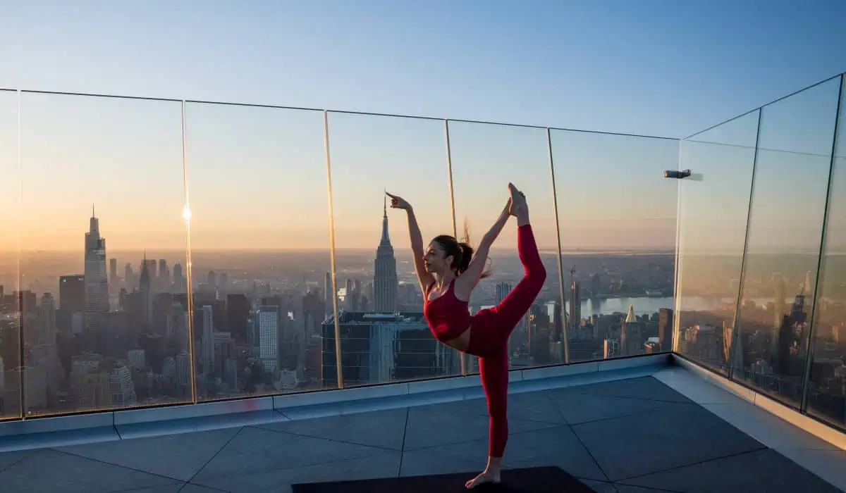 Woman doing yoga on sky deck