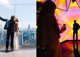 Visitors enjoying panoramic views and immersive art at Edge NYC Hudson Yards.