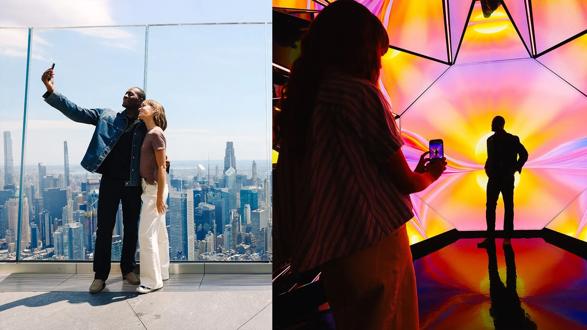 Visitors enjoying panoramic views and immersive art at Edge NYC Hudson Yards.