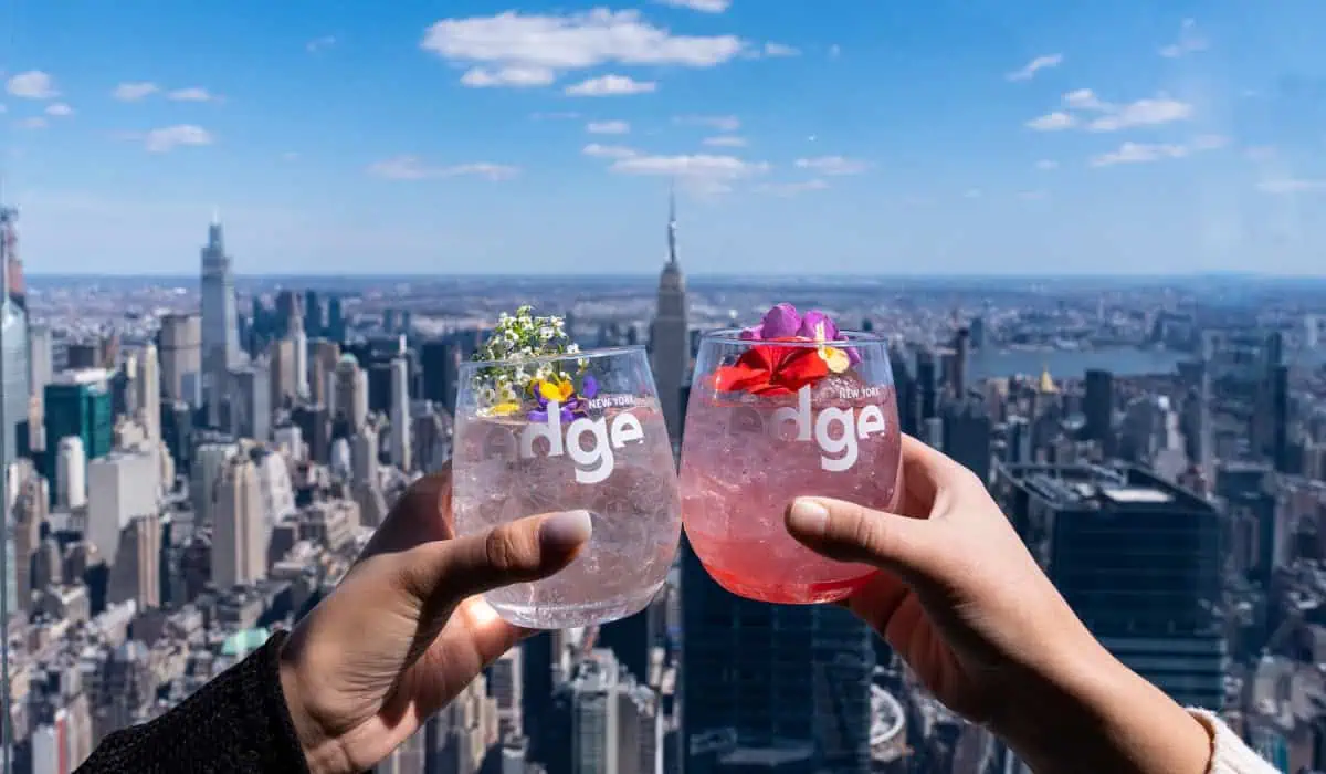 Two people clink glasses with cocktails overlooking New York city on a sunny day
