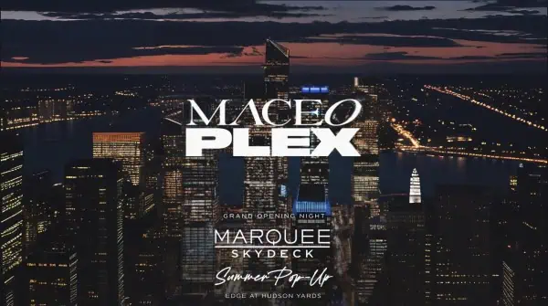 Night view of NYC skyline from Edge Sky Deck with promotional text overlay.