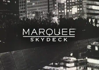 Aerial shot of Marquee Skydeck at Edge with Marquee Skydeck logo.