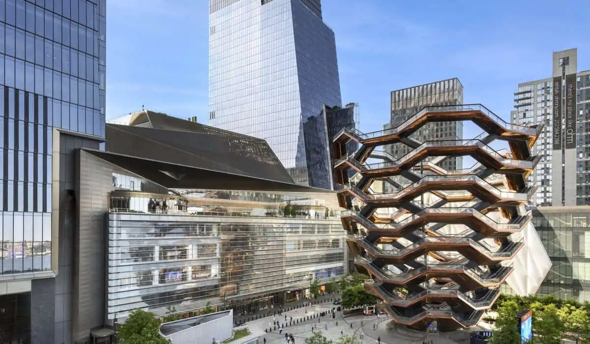 Hudson Yards neighborhood in New York City, home to Edge NYC, Vessel, The Shops, and The Shed