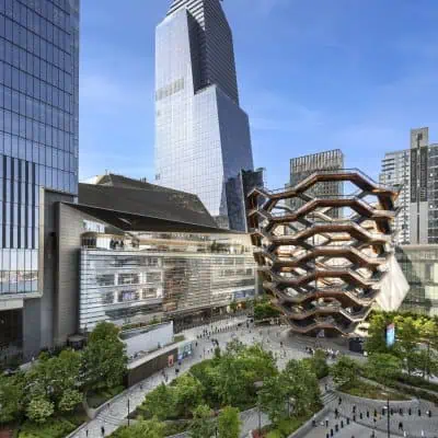 Hudson Yards neighborhood in New York City, home to Edge NYC, Vessel, The Shops, and The Shed