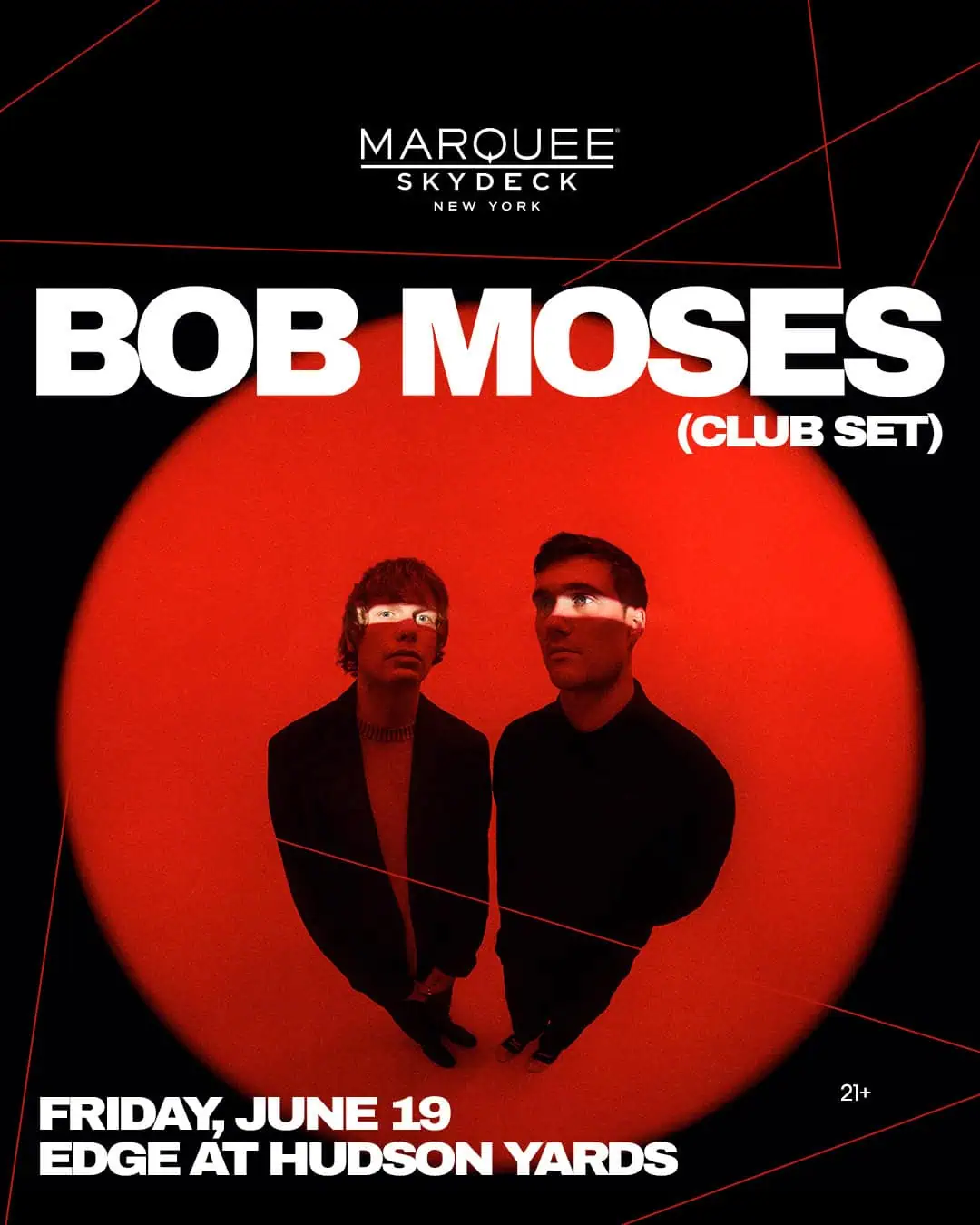 Bob Moses club set poster at Edge NYC with red background and silhouettes.