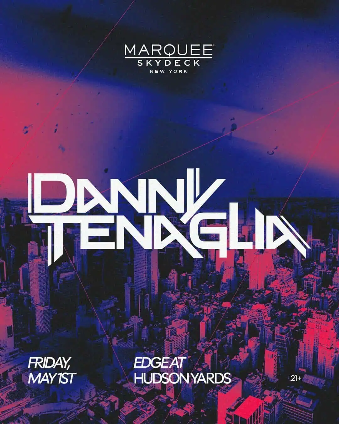 Event poster for Danny Tenglia at Edge NYC Skydeck on May 1st with NYC skyline background.