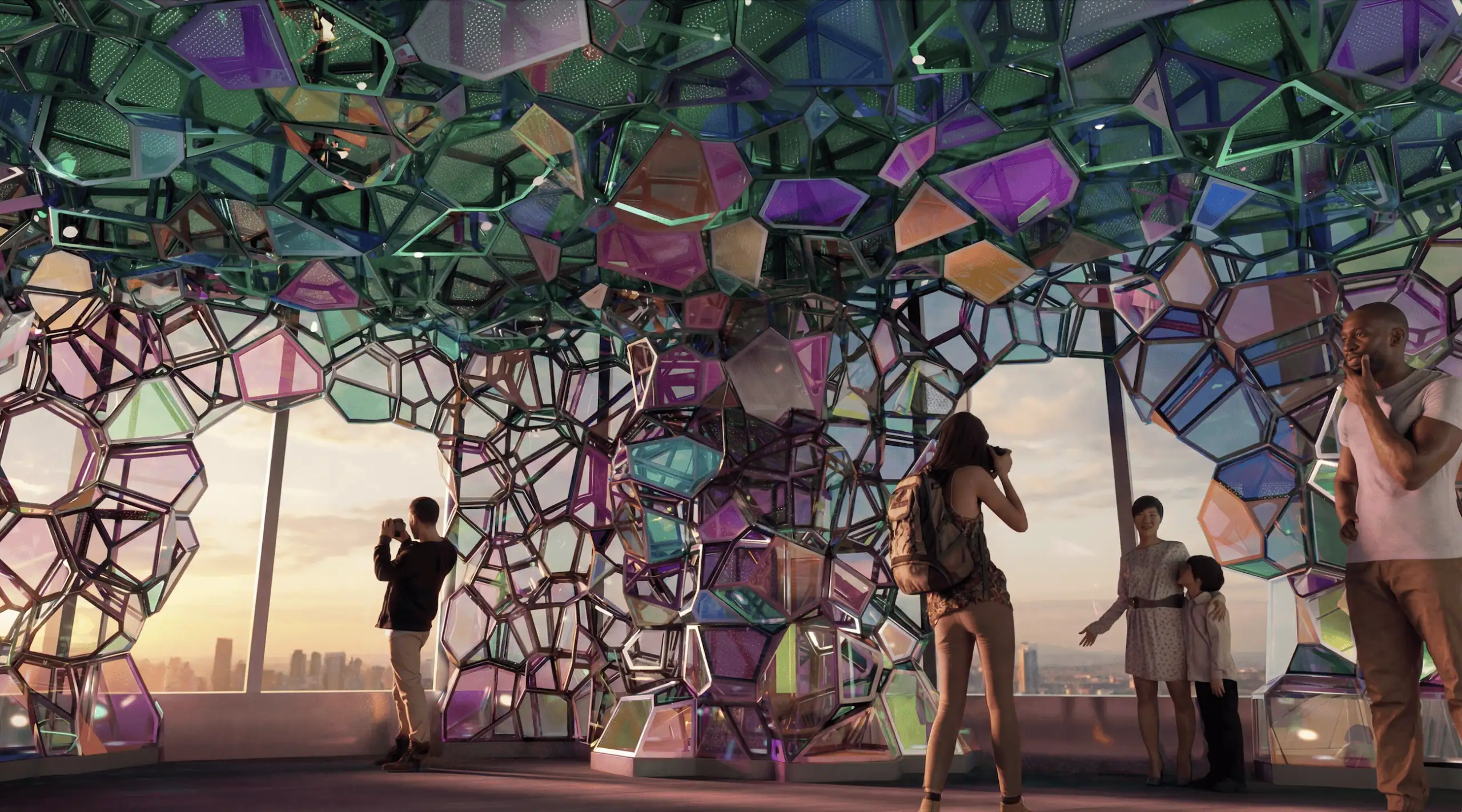 Rendering of a colorful crystal-like immersive installation at Edge NYC