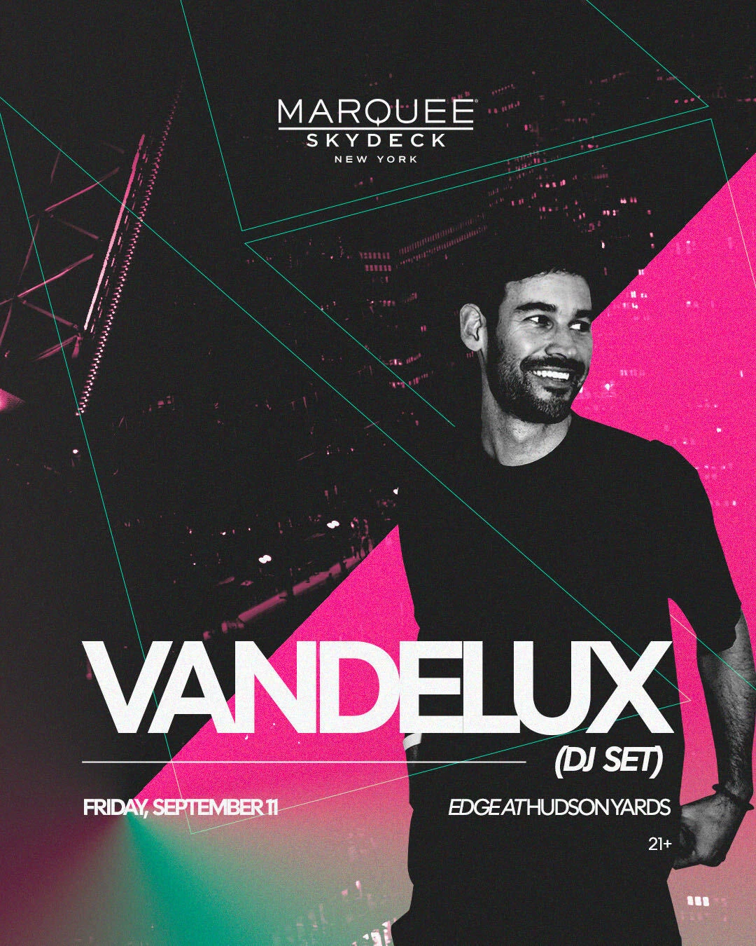 Vandelux DJ set at Edge NYC with city skyline background and vibrant colors.