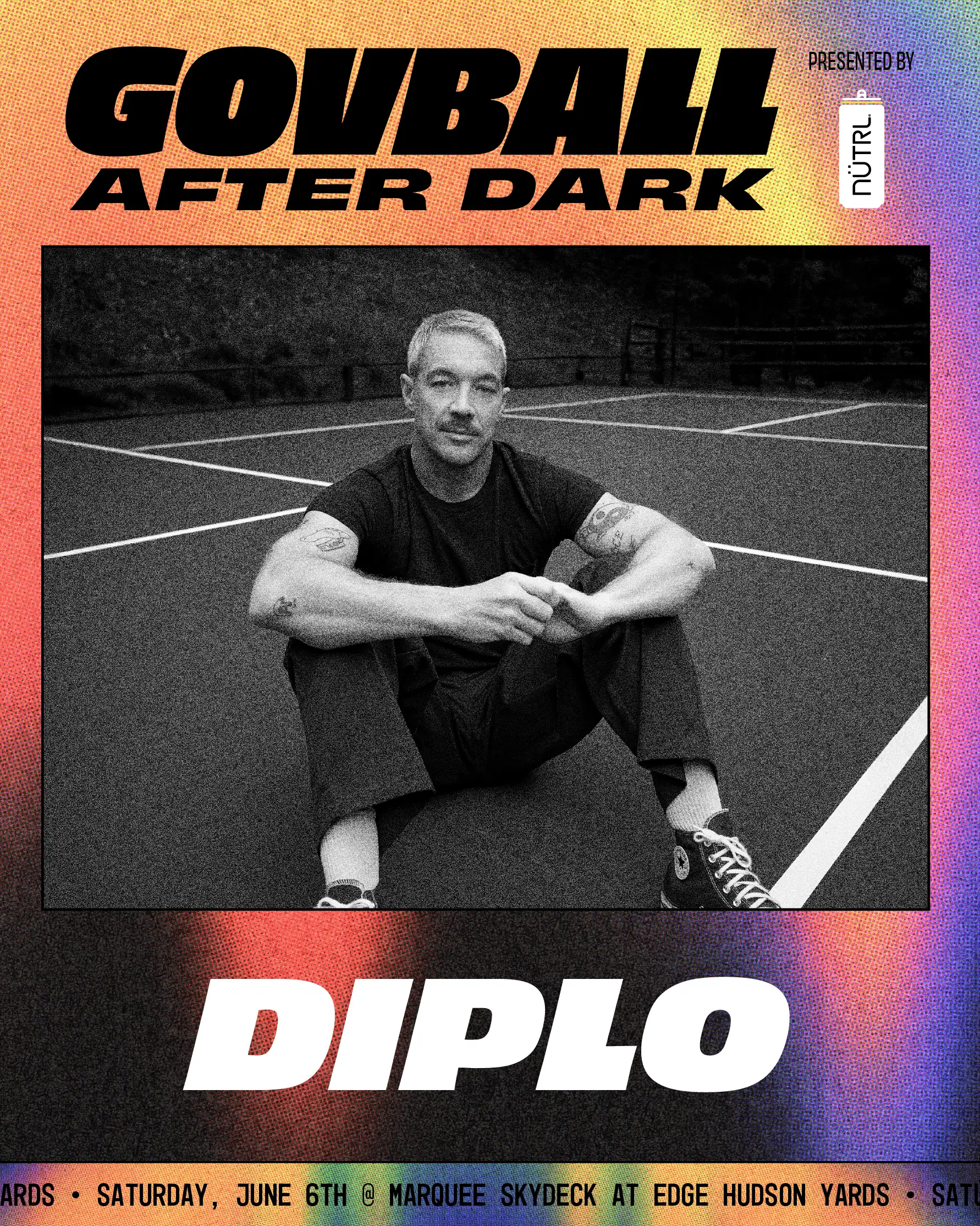 Poster for GovBall After Dark with Diplo sitting on a tennis court in a black-and-white photo against a colorful gradient poster background.