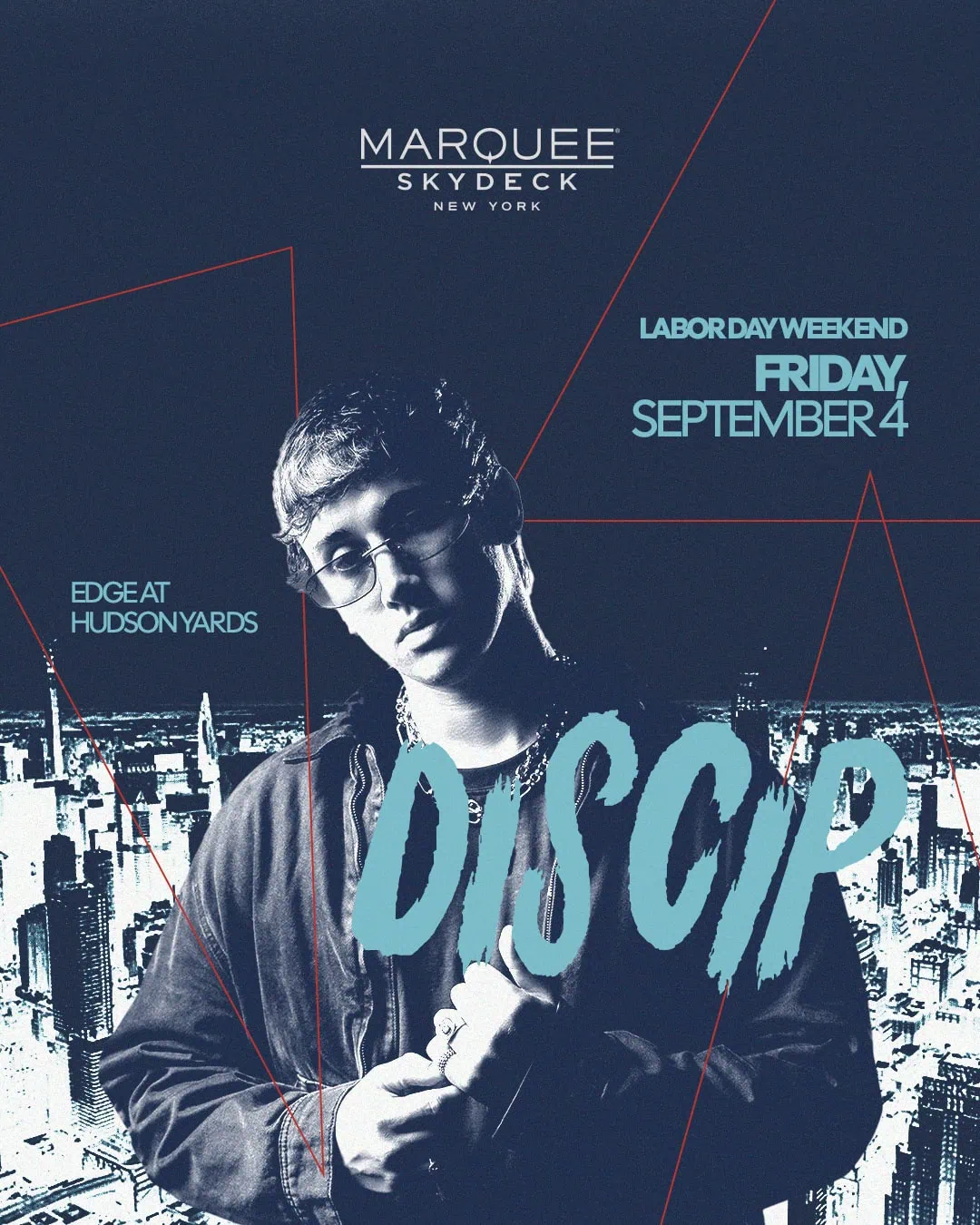 Promotional poster for DISCIP event at Edge NYC with a person in front of NYC skyline.