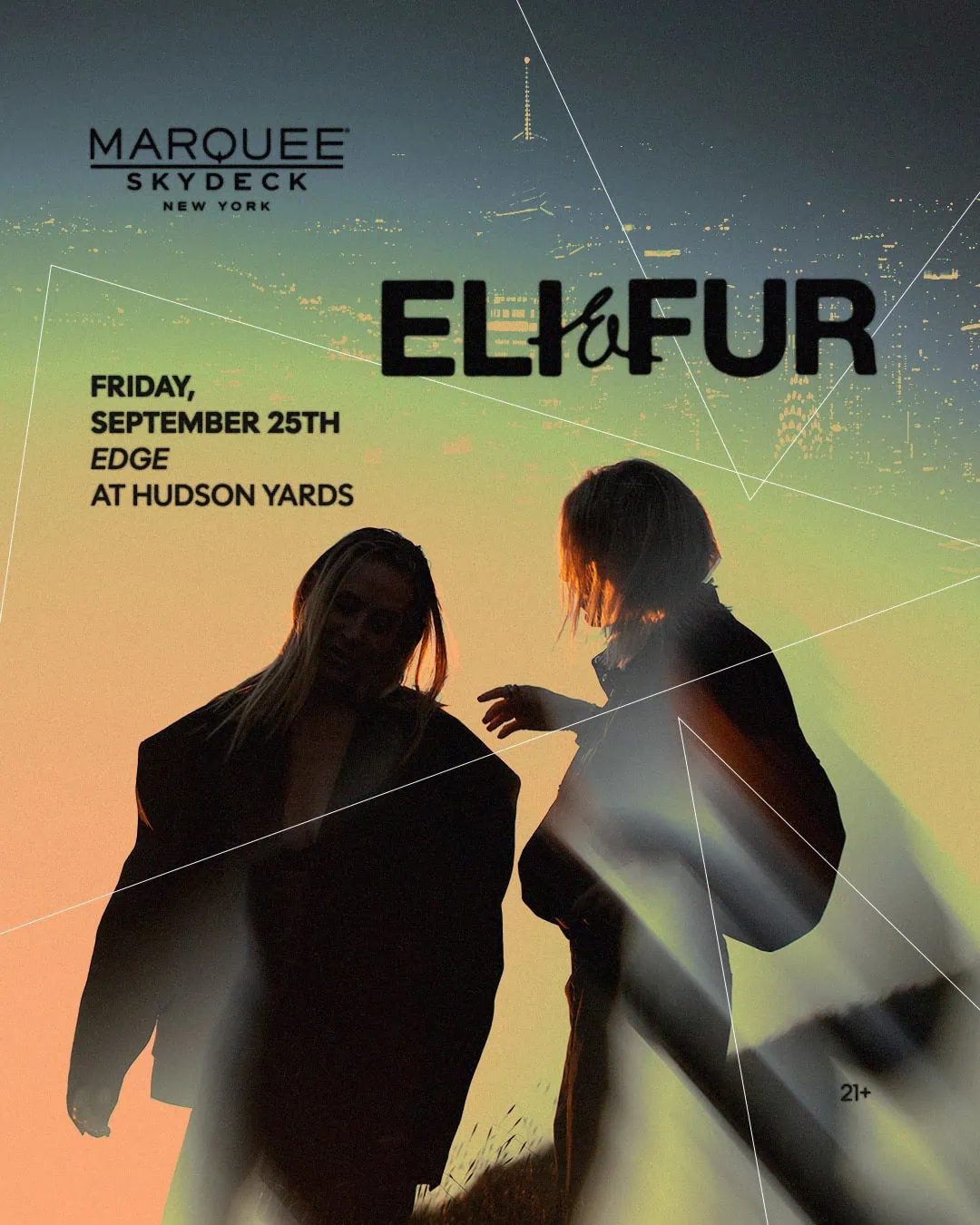 Promotional poster for a live event: 'Eli & Fur New York City' with Silhouettes of two people with colorful sunset background.