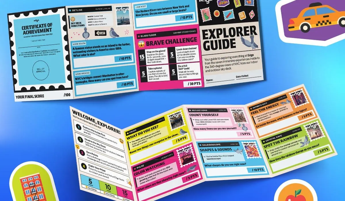 Colorful Edge NYC exploration and activity guide brochures on a blue background.