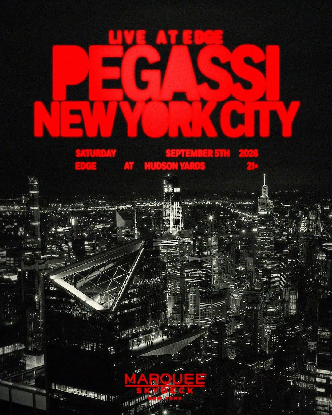 Promotional poster for a live event: 'Pegassi New York City' in bold red over a night city skyline.