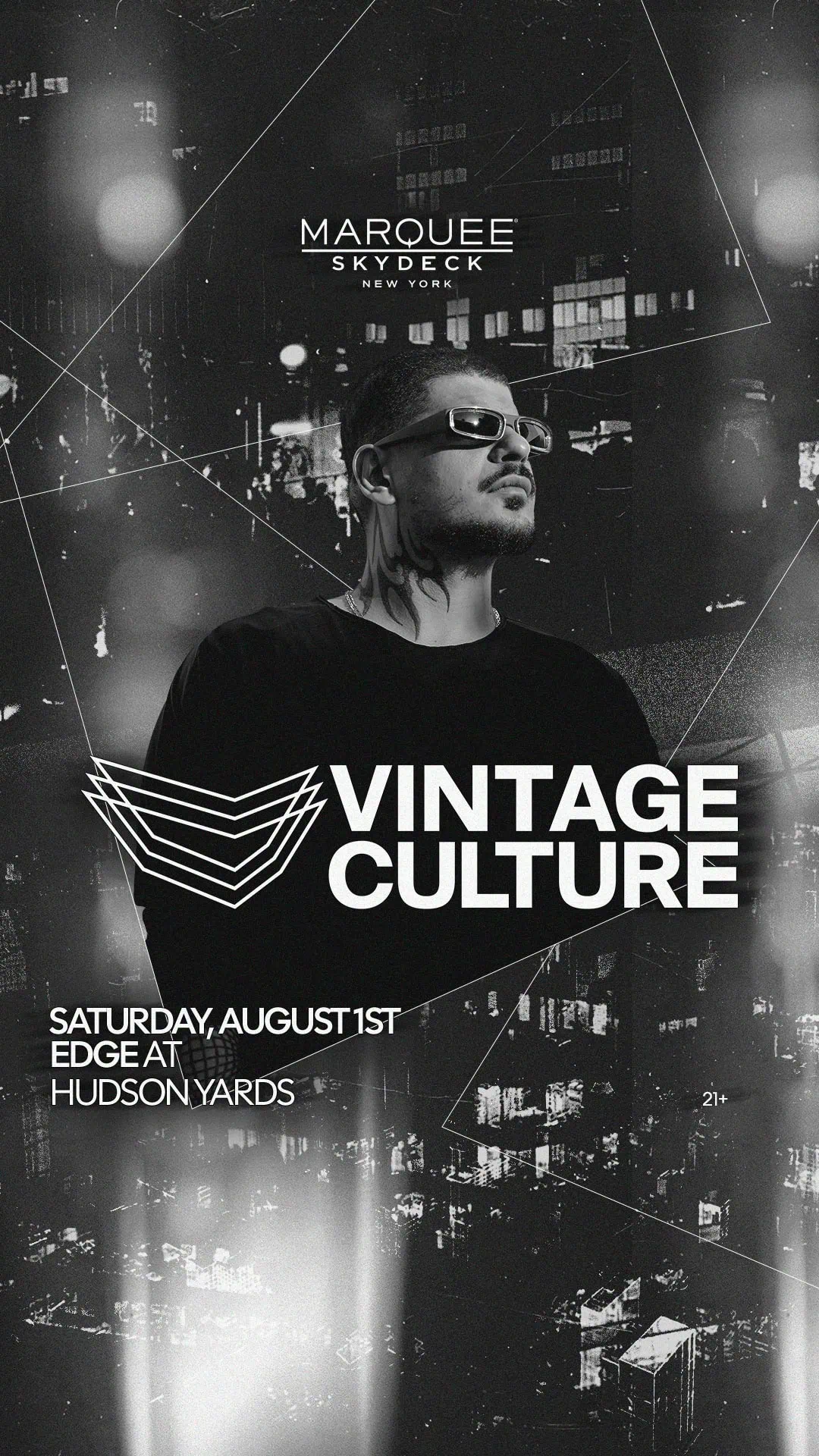 Promotional poster for Vintage Culture event at Edge NYC Hudson Yards on August 1st.