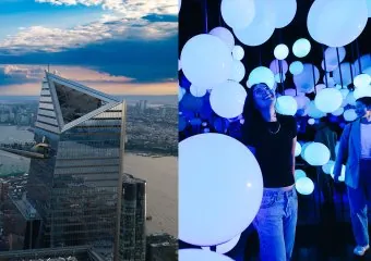 Split image: left shows a high vantage cityscape with Edge building; right shows people in a Pulse, immersive installation smiling under blue lighting.