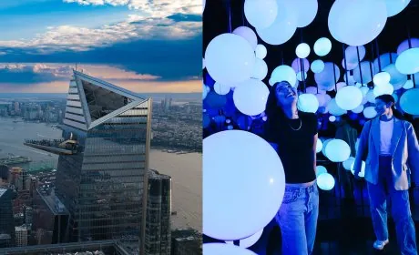Pulse x Deck - Edge NYC - Edge NYC Split image: left shows a high vantage cityscape with Edge building; right shows people in a Pulse, immersive installation smiling under blue lighting.