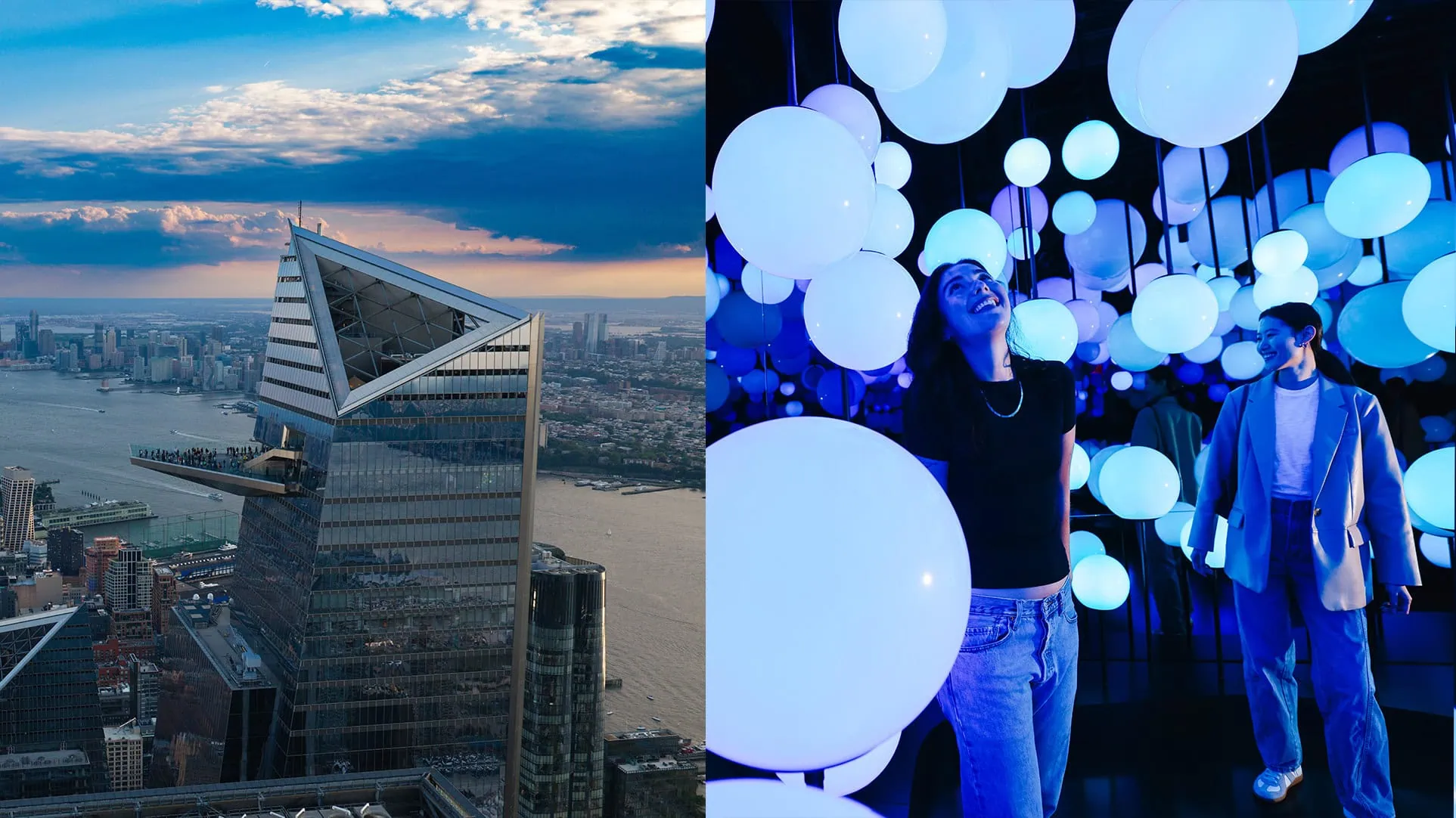 Pulse x Deck - Edge NYC - Edge NYC Split image: left shows a high vantage cityscape with Edge building; right shows people in a Pulse, immersive installation smiling under blue lighting.