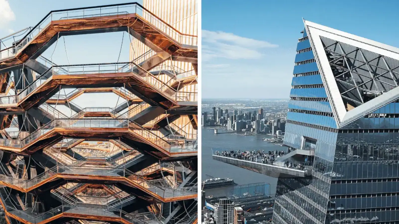 Split image: left is Vessel at Hudson Yards; right is Edge observation deck and city skyline.