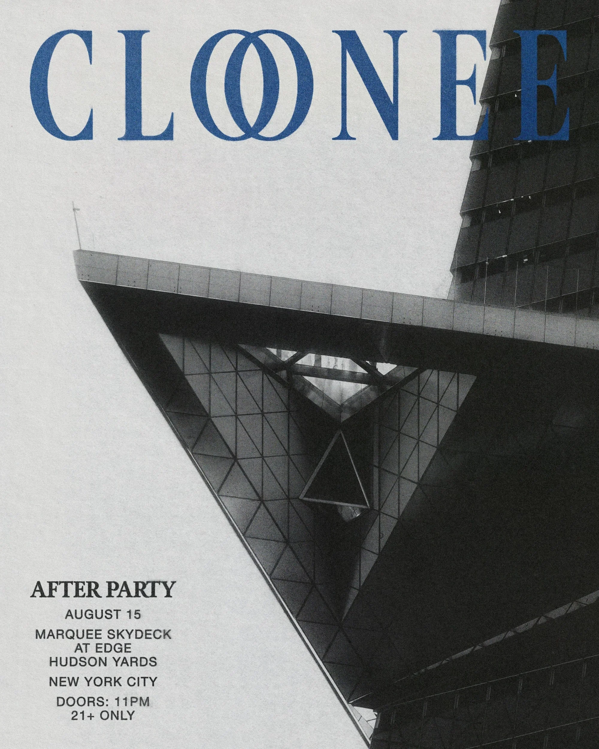 Poster-style image: bold blue letters forming part of a word across a modern building facade, with 'AFTER PARTY' and venue list at lower left in black text on a light background.