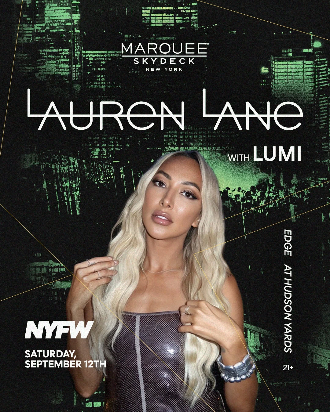Event poster for Lauren Lane with Lumi at Marquee Skydeck New York, featuring a blonde woman in a sparkling dress against a dark city backdrop.